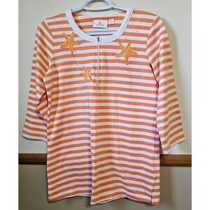 Quacker Factory Orange White Striped Top Zip Neckline Rhinestones Size XS